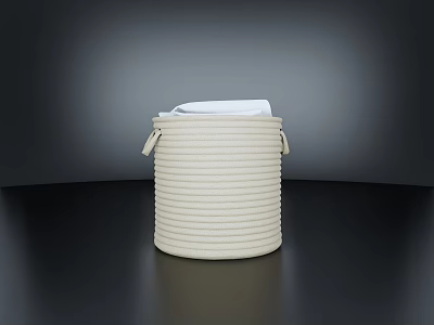 White Towel Peeking Out of a Round White Woven Storage Basket 3d model