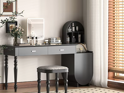 Black Vanity Table With Mirror Drawers Skincare Products And Stool In Natural Light 3d model