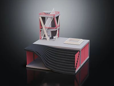 Modern Architectural Model Featuring Red White Structure And Curved Layered Design 3d model