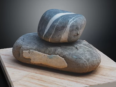 Natural Wooden Board With Stacked Smooth Stone Rocks And Natural Textured Surface 3d model