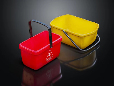 Red and Yellow Plastic Buckets for Daily Washing Use with Black Handles 3d model