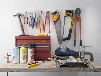 Essential Hardware Tools Collection With Hanging Hammers Pliers Saws And Red Toolbox On Wooden Table 3d model