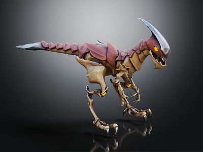 Fierce Reptile With Red Brown Body Skeletal Structure Yellow Eyes Spiked Head Design 3d model