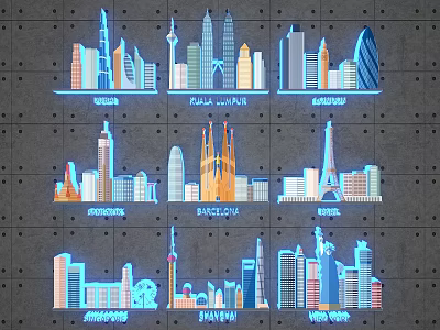 Vibrant City Skyline Artworks Showcasing Various Global Urban Landmarks with Distinct Architectural Silhouettes 3d model