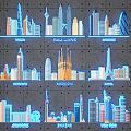 Vibrant City Skyline Artworks Showcasing Various Global Urban Landmarks with Distinct Architectural Silhouettes