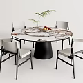 Modern Round Dining Table Set With Marble Top Black Base And White Cushioned Chairs 3d model
