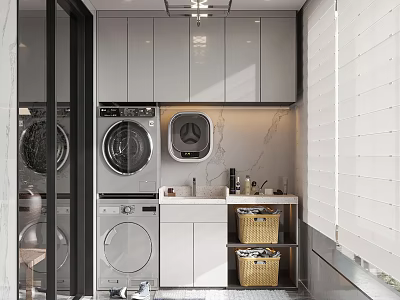 Functional Home Balcony With Washing Machine Dryer White Cabinets Marble Countertop Baskets And Blinds 3d model
