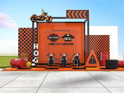 Harley 120th Anniversary Event Entrance With Orange Black Design And Motorcycles 3d model