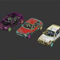 Three Small Car Models in Black Red White Colors Displayed on Shiny Reflective Surface
