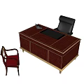 Dark Brown Executive Wooden Desk With Black Leather Chair And Light Beige Armchair