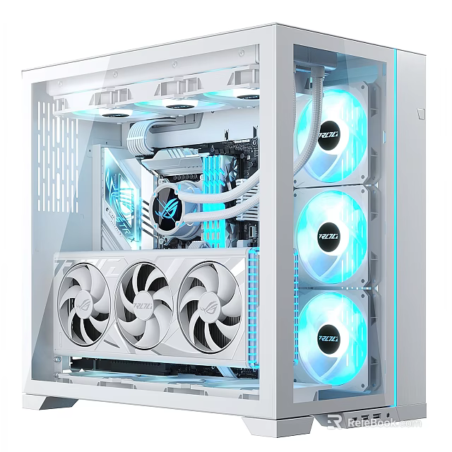 White Transparent Gaming PC Case with Multiple Blue LED Fans and Water Cooling System 3d model 