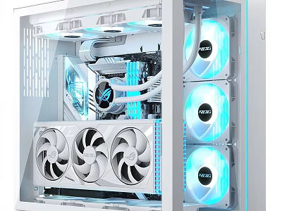 White Transparent Gaming PC Case with Multiple Blue LED Fans and Water Cooling System 3d model