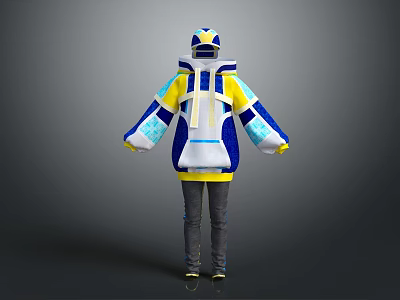 Blue Yellow White Geometric Pattern Oversized Hoodie Long Sleeve Casual Wear 3d model