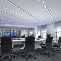Modern Monitoring Room Interior Design With Large Screen Display Tables Chairs And Plants