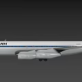 White Passenger Airplane Exterior Design With Blue Stripe Four Engines And Tail Logo