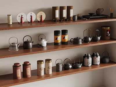 Traditional Tea Collection Display On Wooden Shelves With Teapots And Canisters 3d model