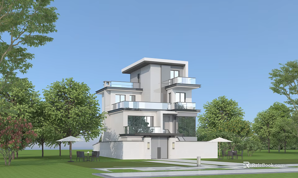 Modern Detached Villa Exterior Design With Balconies Lawn And Outdoor Seating 3d model 