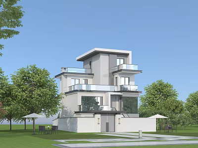 Modern Detached Villa Exterior Design With Balconies Lawn And Outdoor Seating 3d model