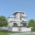Modern Detached Villa Exterior Design With Balconies Lawn And Outdoor Seating