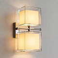 Modern Glass Wall Sconce With Double Square Shades And Brushed Metal Frame