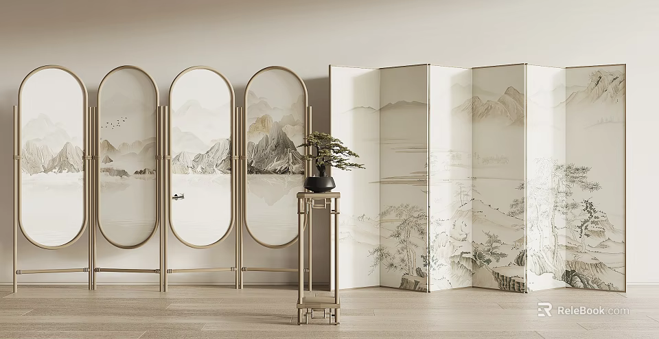 Elegant Oriental Screen with Round and Square Panel Landscape Paintings and Potted Plant on Stand 3d model 