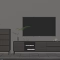 Stylish TV Stand With Large TV Green Plant And Functional Storage Drawers