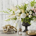 Decorative Ornament Set With Floral Arrangement Greenery Golden Accents Books Fragrance Bottles And Tray