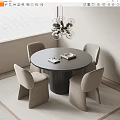 Modern Round Black Dining Table Set With Light Gray Chairs And Pendant Light 3d model