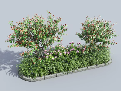 Two Lush Shrubs Surrounded by Green Plants and Pink Flowers With Wooden Border 3d model