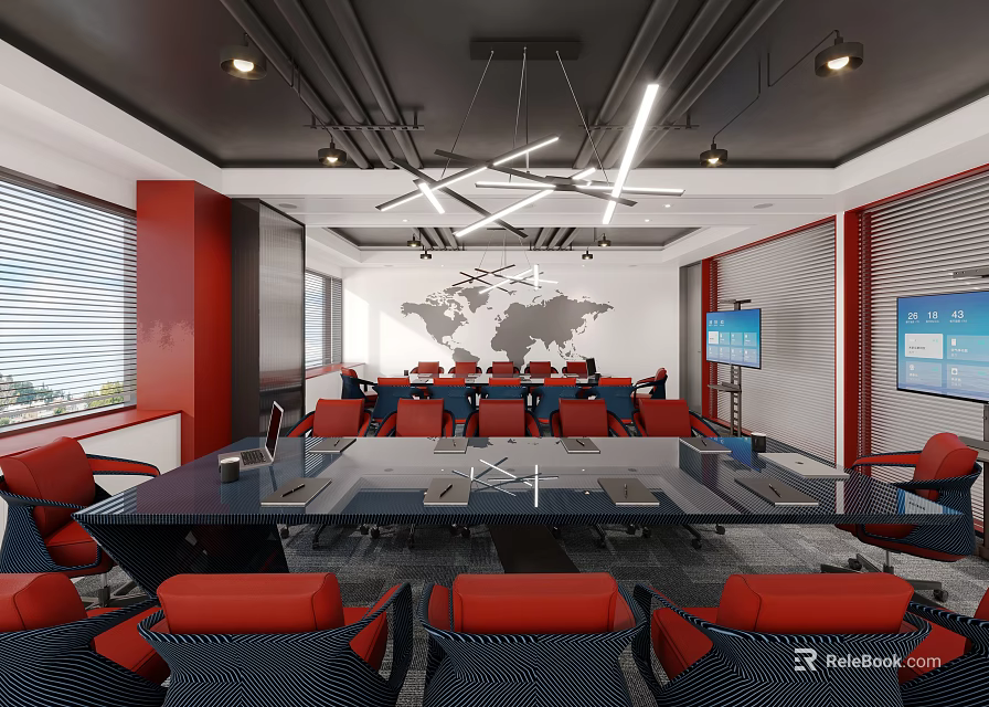 Modern Conference Room Interior With Red Chairs Black Table World Map And Chandeliers 3d model 