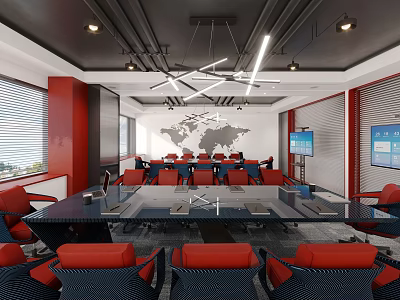 Modern Conference Room Interior With Red Chairs Black Table World Map And Chandeliers 3d model