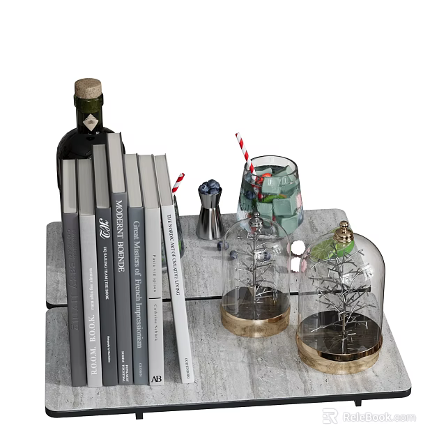 Decorative Ornament Set With Glass Cloches Books Wine Bottle Cocktail Shaker And Glass With Straws 3d model 