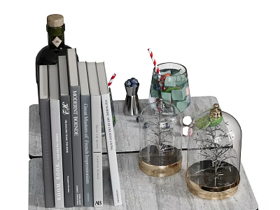 Decorative Ornament Set With Glass Cloches Books Wine Bottle Cocktail Shaker And Glass With Straws 3d model