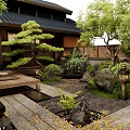 Traditional Japanese Garden Courtyard With Wooden Structure Stone Paths And Lush Greenery