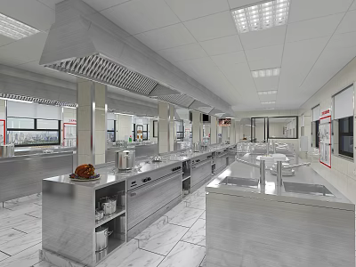 Commercial Kitchen Design With Stainless Steel Worktables Ventilation System Storage Cabinets And Non Slip Flooring 3d model