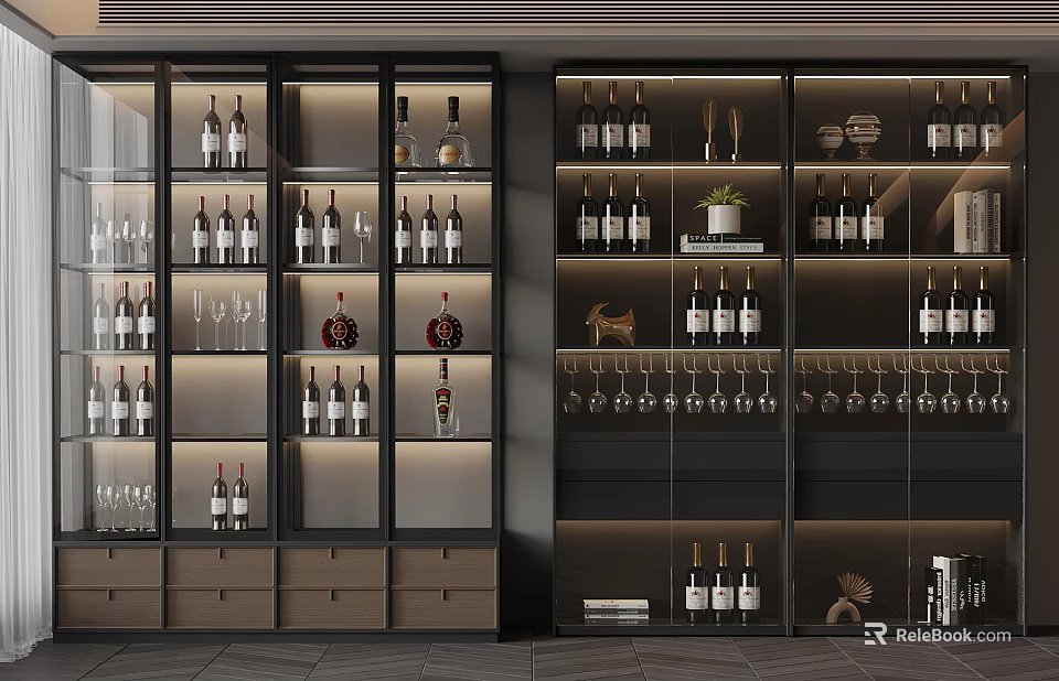 Elegant Modern Wine Cabinet With Glass Doors Wine Bottles Wine Glasses And Drawers 3d model 
