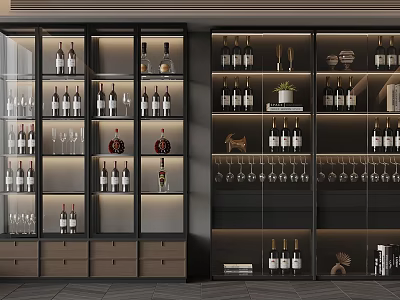 Elegant Modern Wine Cabinet With Glass Doors Wine Bottles Wine Glasses And Drawers 3d model