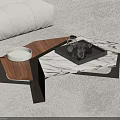 Modern Geometric Coffee Table With Wooden And Marble Top Tray Glasses And Bowl