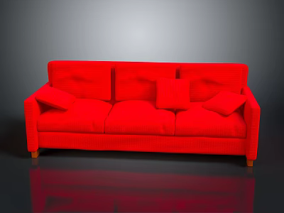 Red Three-Seat Sofa With Cushions Wooden Legs Gray Background And Reflective Floor 3d model