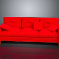 Red Three-Seat Sofa With Cushions Wooden Legs Gray Background And Reflective Floor