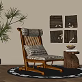 Wooden Leisure Chair with Geometric Cushion and Potted Plant by Wooden Panel Wall Decor