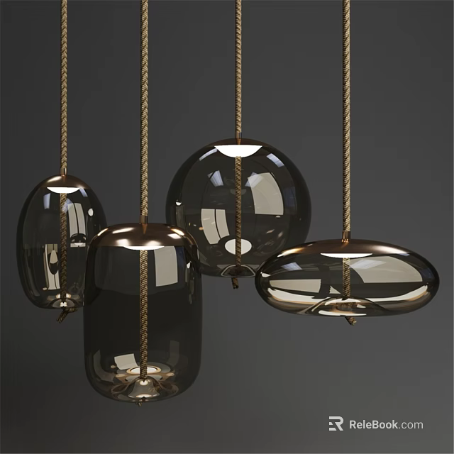 Modern Dark Glass Pendant Lights With Different Shapes Brass Accents And Textured Rope 3d model 