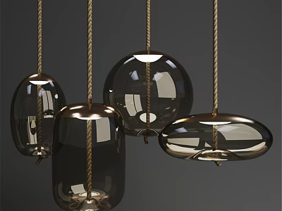 Modern Dark Glass Pendant Lights With Different Shapes Brass Accents And Textured Rope 3d model