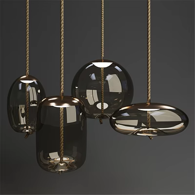 Modern Dark Glass Pendant Lights With Different Shapes Brass Accents And Textured Rope 3d model