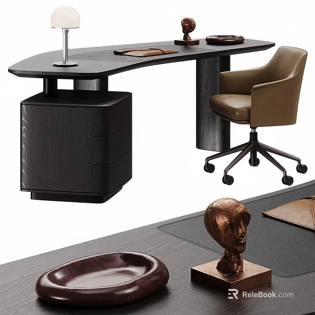 Modern Office Desk Design With Chair Drawers Table Lamp And Decorative Sculpture 3d model 