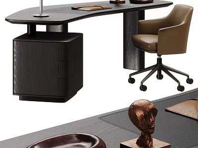 Modern Office Desk Design With Chair Drawers Table Lamp And Decorative Sculpture 3d model