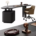 Modern Office Desk Design With Chair Drawers Table Lamp And Decorative Sculpture