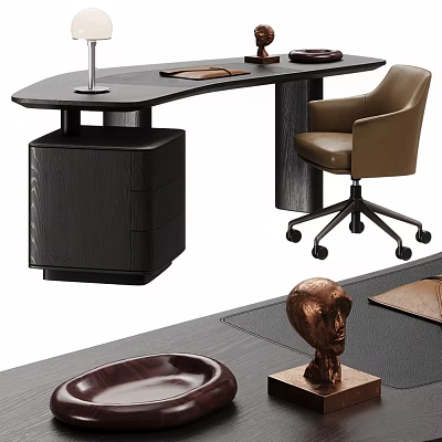 Modern Office Desk Design With Chair Drawers Table Lamp And Decorative Sculpture 3d model