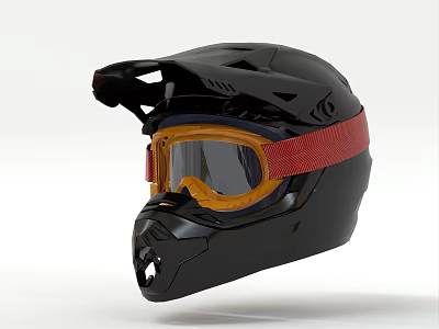 Black Helmet With Orange Goggles And Red Strap For Sports Use 3d model