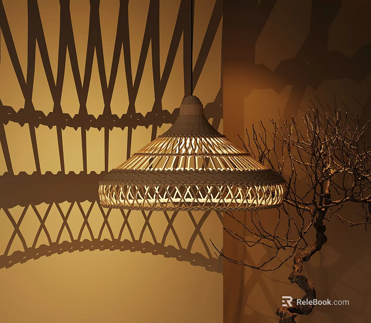 Woven Rattan Chandelier With Geometric Patterns Casting Warm Shadow Effects In Indoor Space 3d model 